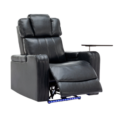 PU Leather Power Recliner Individual Seat Home Theater Recliner with Cooling Cup Holder, Bluetooth Speaker, LED Lights, USB Ports, Tray Table, Arm Storage for Living Room, Black, Goodies N Stuff