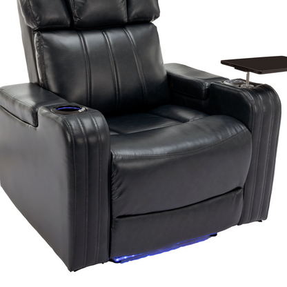 PU Leather Power Recliner Individual Seat Home Theater Recliner with Cooling Cup Holder, Bluetooth Speaker, LED Lights, USB Ports, Tray Table, Arm Storage for Living Room, Black, Goodies N Stuff