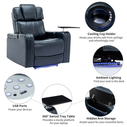 PU Leather Power Recliner Individual Seat Home Theater Recliner - Blue, Goodies N Stuff