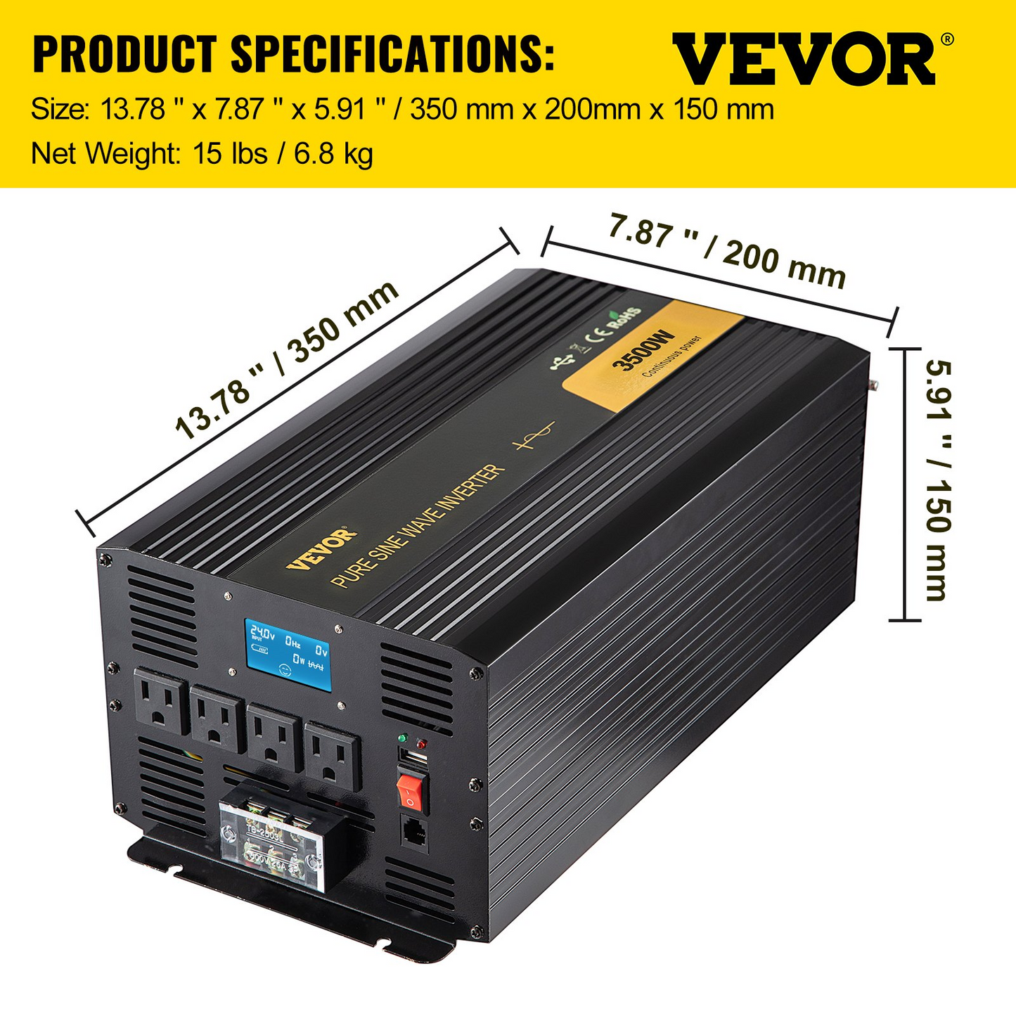 VEVOR Pure Sine Wave Inverter, 3500 Watt Power Inverter, DC 24V to AC 120V Car Inverter, with USB Port, LCD Display, and Remote Controller Power Converter, for RV Truck Car Solar System Travel Camping, Goodies N Stuff