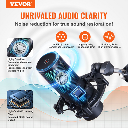 VEVOR USB Microphone, 192 kHz/24-bit, Professional Condenser Microphone Kit with Boom Arm Stand Pop Filter Shock Mount, 11 RGB Lighting Effects Mute Button Headphones Jack for Recording Gaming Singing, Goodies N Stuff