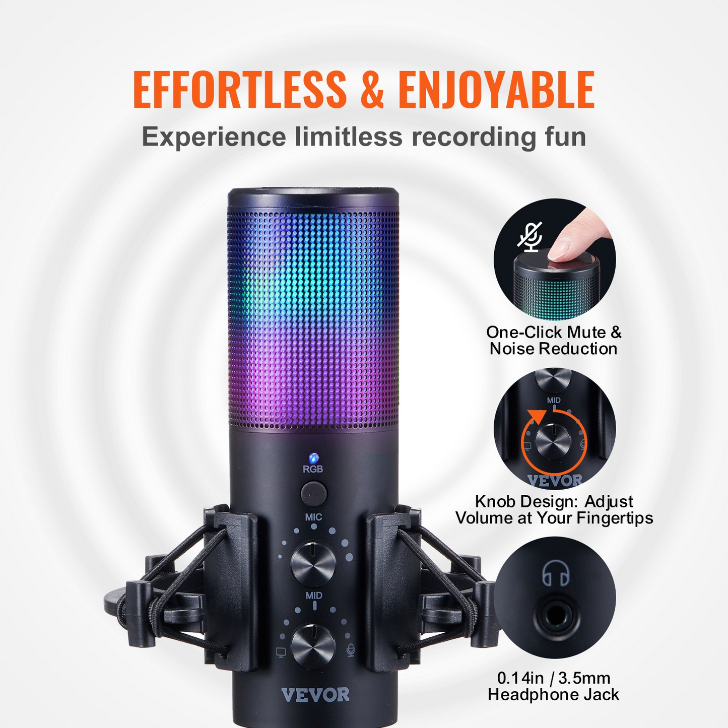 VEVOR USB Microphone, 192 kHz/24-bit, Professional Condenser Microphone Kit with Boom Arm Stand Pop Filter Shock Mount, 11 RGB Lighting Effects Mute Button Headphones Jack for Recording Gaming Singing, Goodies N Stuff