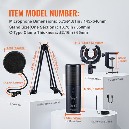 VEVOR USB Microphone, 192 kHz/24-bit, Professional Condenser Microphone Kit with Boom Arm Stand Pop Filter Shock Mount, 11 RGB Lighting Effects Mute Button Headphones Jack for Recording Gaming Singing, Goodies N Stuff