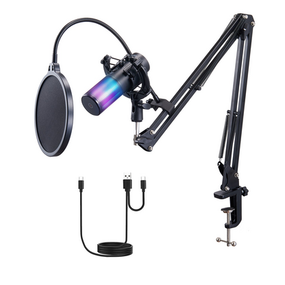 VEVOR USB Microphone, 192 kHz/24-bit, Professional Condenser Microphone Kit with Boom Arm Stand Pop Filter Shock Mount, 11 RGB Lighting Effects Mute Button Headphones Jack for Recording Gaming Singing, Goodies N Stuff