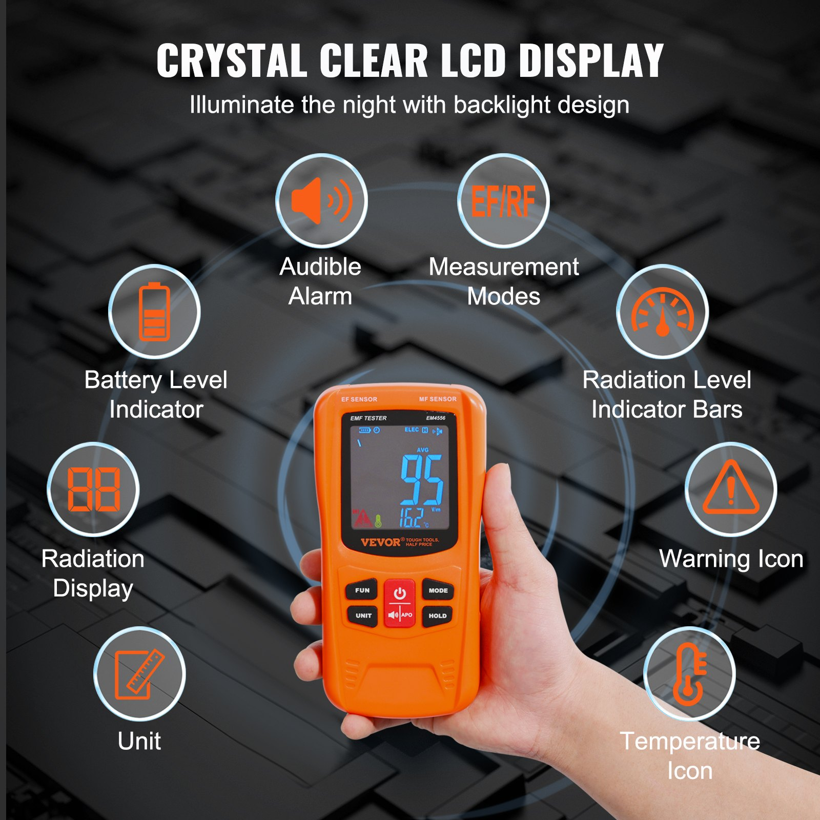 VEVOR 3-in-1 EMF Meter, 5Hz-6GHz, Handheld Rechargeable Electromagnetic Field Radiation Detector, Digital LCD EMF Tester for EF MF RF Home Inspections Outdoor Ghost Hunting 5G Cell Tower Temperature, Goodies N Stuff