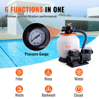 VEVOR Sand Filter Pump for Above Ground Pools, 14-inch, 3000 GPH, 3/4 HP Swimming Pool Pumps System & Filters Combo Set with 6-Way Multi-Port Valve & Strainer Basket, for Domestic and Commercial Pools, Goodies N Stuff