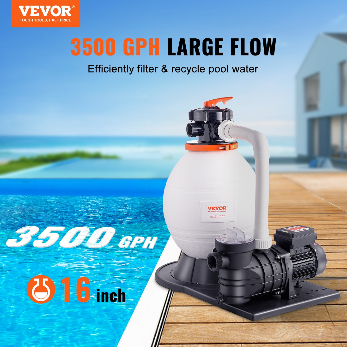 VEVOR Sand Filter Pump for Above Ground Pools, 16-inch, 3500 GPH, 1 HP Swimming Pool Pumps System & Filters Combo Set with 6-Way Multi-Port Valve and Strainer Basket, for Domestic and Commercial Pools, Goodies N Stuff