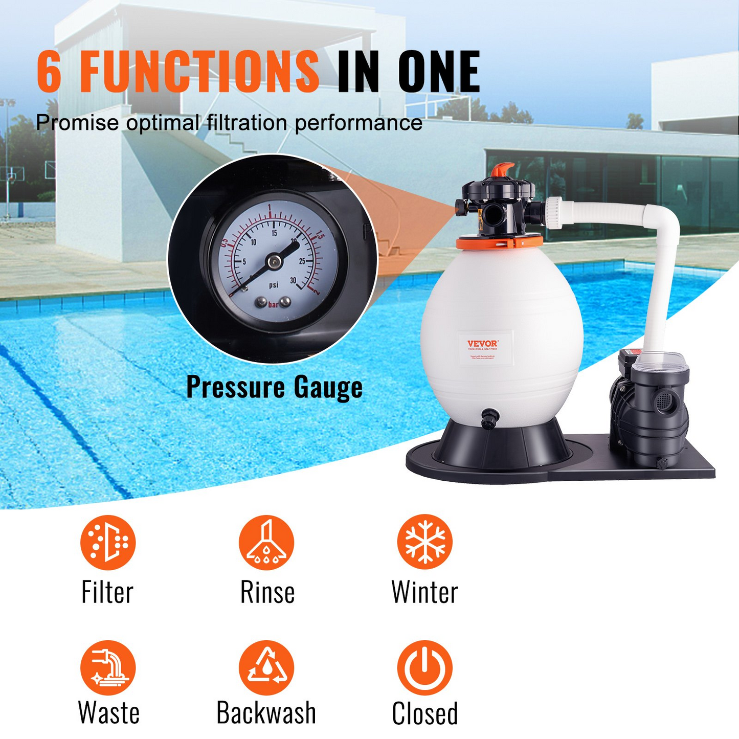 VEVOR Sand Filter Pump for Above Ground Pools, 16-inch, 3500 GPH, 1 HP Swimming Pool Pumps System & Filters Combo Set with 6-Way Multi-Port Valve and Strainer Basket, for Domestic and Commercial Pools, Goodies N Stuff