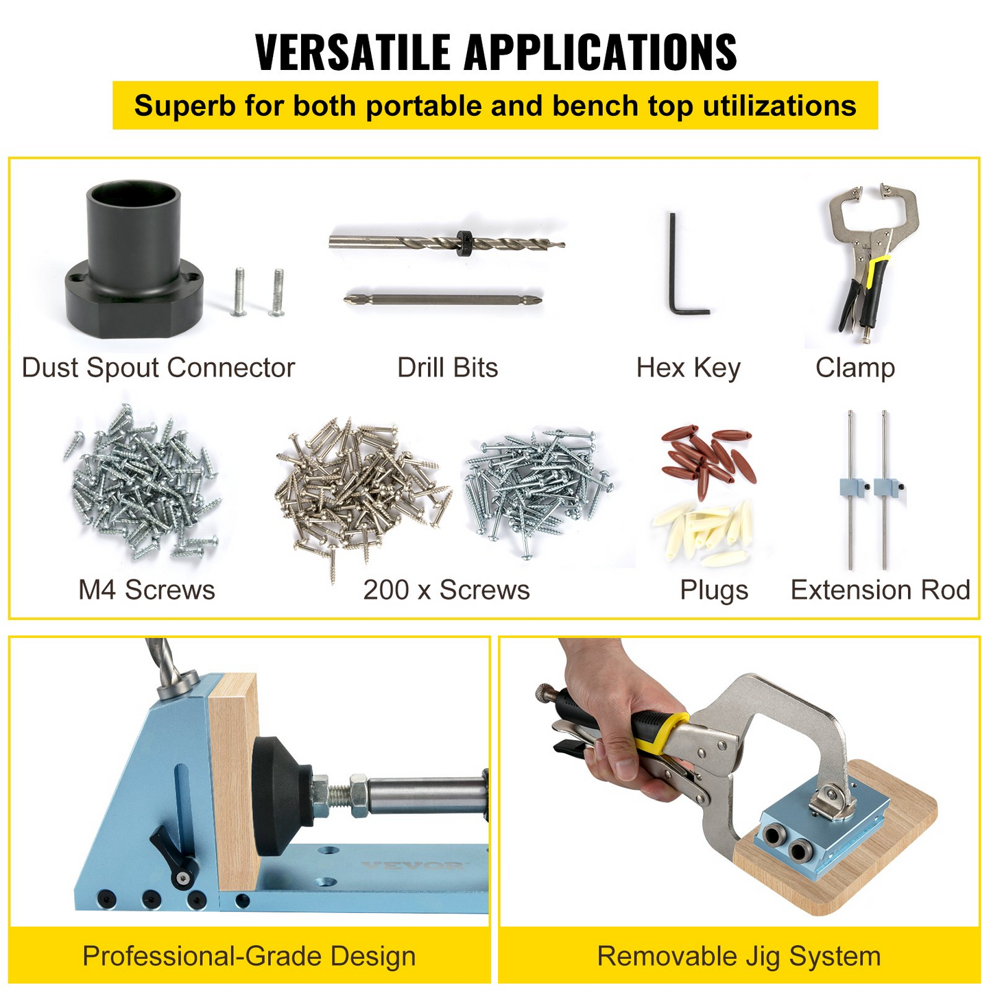 VEVOR Pocket Hole Jig Kit, Aluminum Punch Locator, Adjustable & Easy to Use Joinery Woodworking System, Guides Joint Angle w/Extension Rod Clamping Pliers 200PCS Screws for DIY Carpentry Projects, Goodies N Stuff