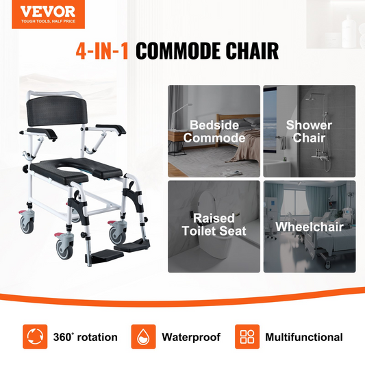 VEVOR Shower Commode Wheelchair with 4 Lockable Wheels, Footrests, Flip-up Arms, 3-Level Adjustable Height, 5L Removable Bucket, 350 LBS Capacity, Commode Chair for Adults Seniors, Goodies N Stuff