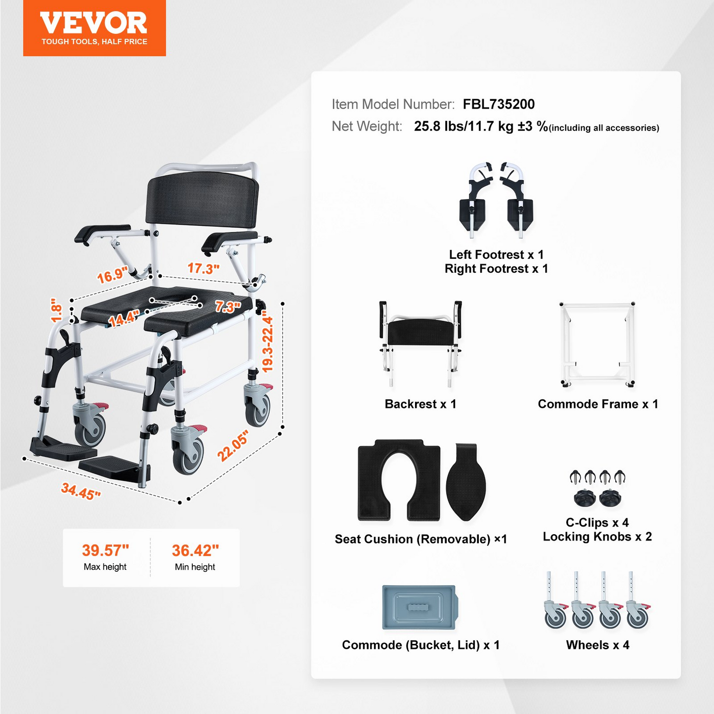 VEVOR Shower Commode Wheelchair with 4 Lockable Wheels, Footrests, Flip-up Arms, 3-Level Adjustable Height, 5L Removable Bucket, 350 LBS Capacity, Commode Chair for Adults Seniors, Goodies N Stuff