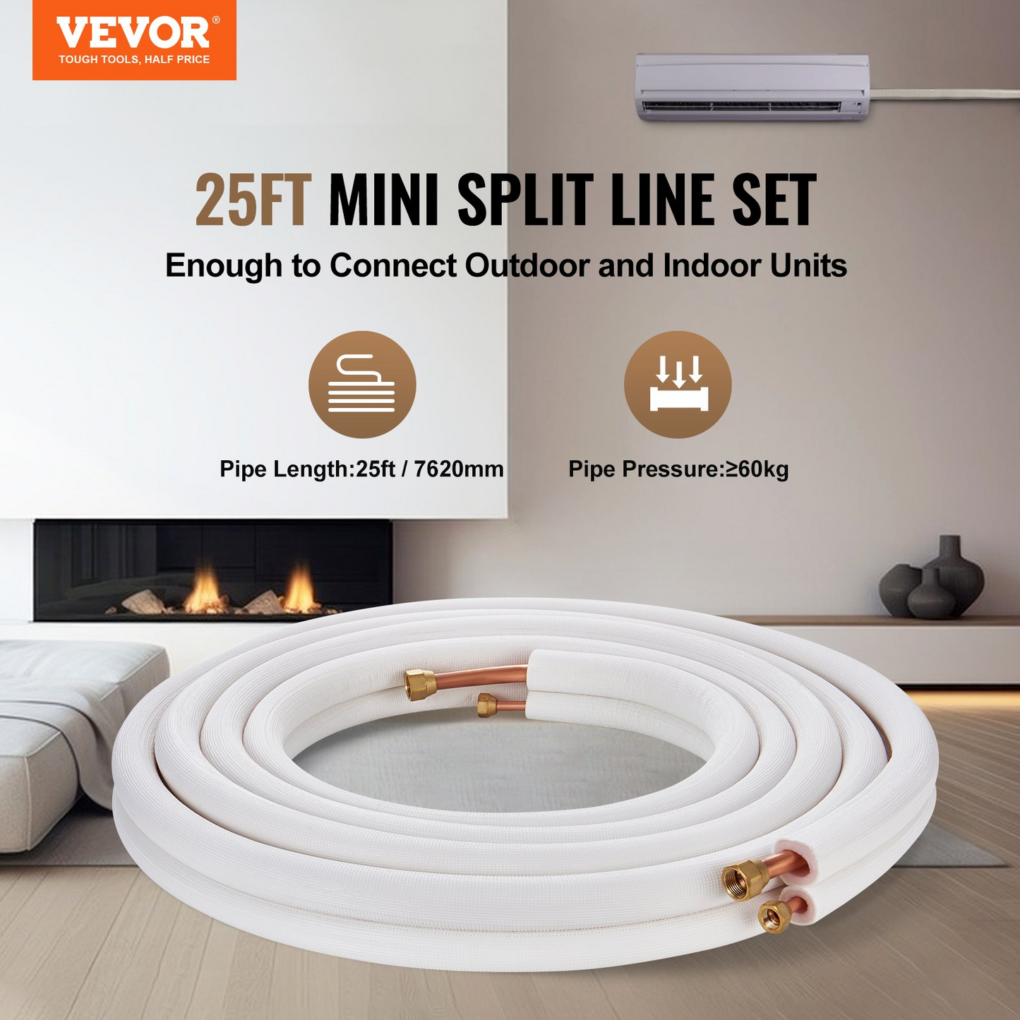 VEVOR 25FT Mini Split Line Set, 3/8" & 5/8" O.D Copper Pipes Tubing and Triple-Layer Insulation, for Mini Split Air Conditioning Refrigerant or Heating Pump Equipment & HVAC with Wrapping Strips., Goodies N Stuff