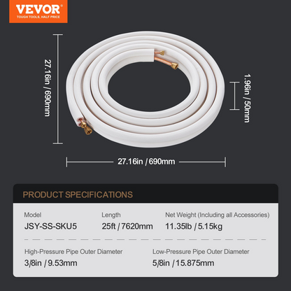 VEVOR 25FT Mini Split Line Set, 3/8" & 5/8" O.D Copper Pipes Tubing and Triple-Layer Insulation, for Mini Split Air Conditioning Refrigerant or Heating Pump Equipment & HVAC with Wrapping Strips., Goodies N Stuff