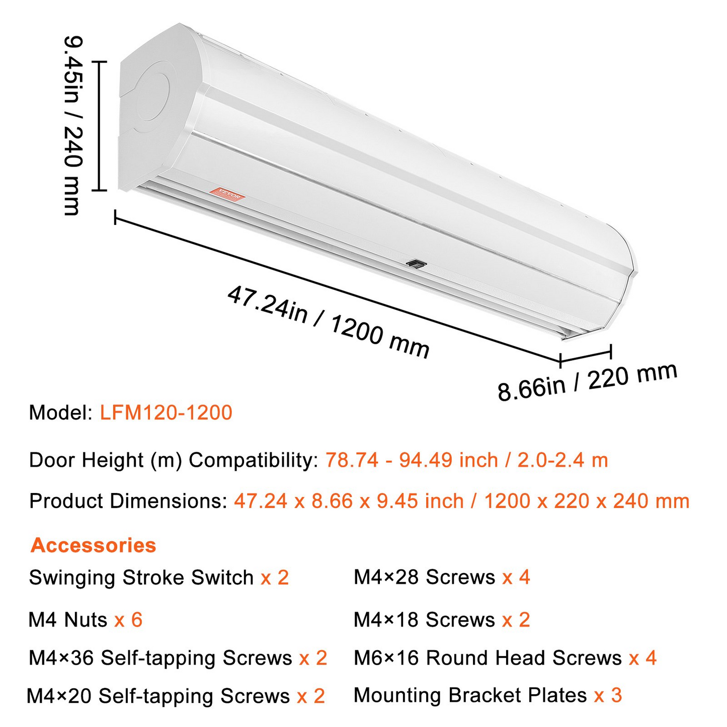 VEVOR 48" Commercial Indoor Air Curtain Super Power 2 Speeds 1200CFM, Wall Mounted Air Curtains for Doors, Indoor Over Door Fan with Heavy Duty Limit Switch, Easy-Install 110V Unheated, Goodies N Stuff