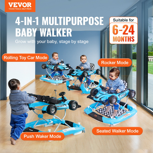 VEVOR 4-in-1 Baby Walker, Foldable Baby Activity Center with Wheels, Adjustable Height, Light, Steering Wheel, Learning-Seated | Walk-Behind | Toy Car | Rocker Toddler Walker for Boys Girls 6-24 Month, Goodies N Stuff