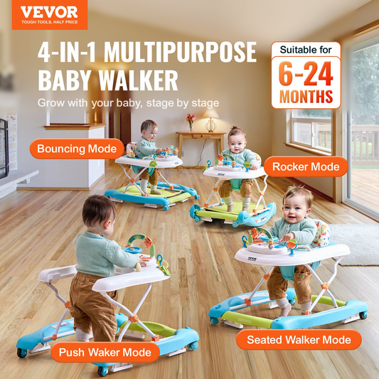 VEVOR 4-in-1 Baby Walker, Foldable Baby Activity Center on Wheels, 3 Adjustable Height, Music & Toys Tray, Learning-Seated | Walk-Behind | Rocker | Bouncer Toddler Walker for Girls Boys 6-24 Months, Goodies N Stuff