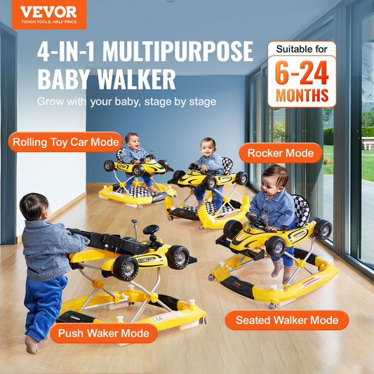 VEVOR 4-in-1 Baby Walker, Foldable Baby Activity Center on Wheels, Adjustable Height, Light, Steering Wheel, Toy Car | Learning-Seated | Walk-Behind | Rocker Toddler Walker for 6-24 Month Boys Girls, Goodies N Stuff