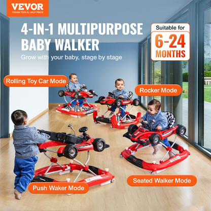 VEVOR 4-in-1 Baby Walker, Foldable Baby Activity Center on Wheels, Adjustable Height, Light, Steering Wheel, Toy Car | Learning-Seated | Walk-Behind | Rocker Toddler Walker for 6-24 Month Boys Girls, Goodies N Stuff