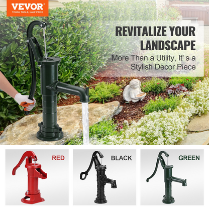 VEVOR Antique Hand Water Pump 14.6 x 5.9 x 26 inch Pitcher Pump w/Handle Cast Iron Well Pump w/ Pre-set 0.5" Holes for Easy Installation Old Fashion Pitcher Hand Pump for Home Yard Ponds Garden Green, Goodies N Stuff