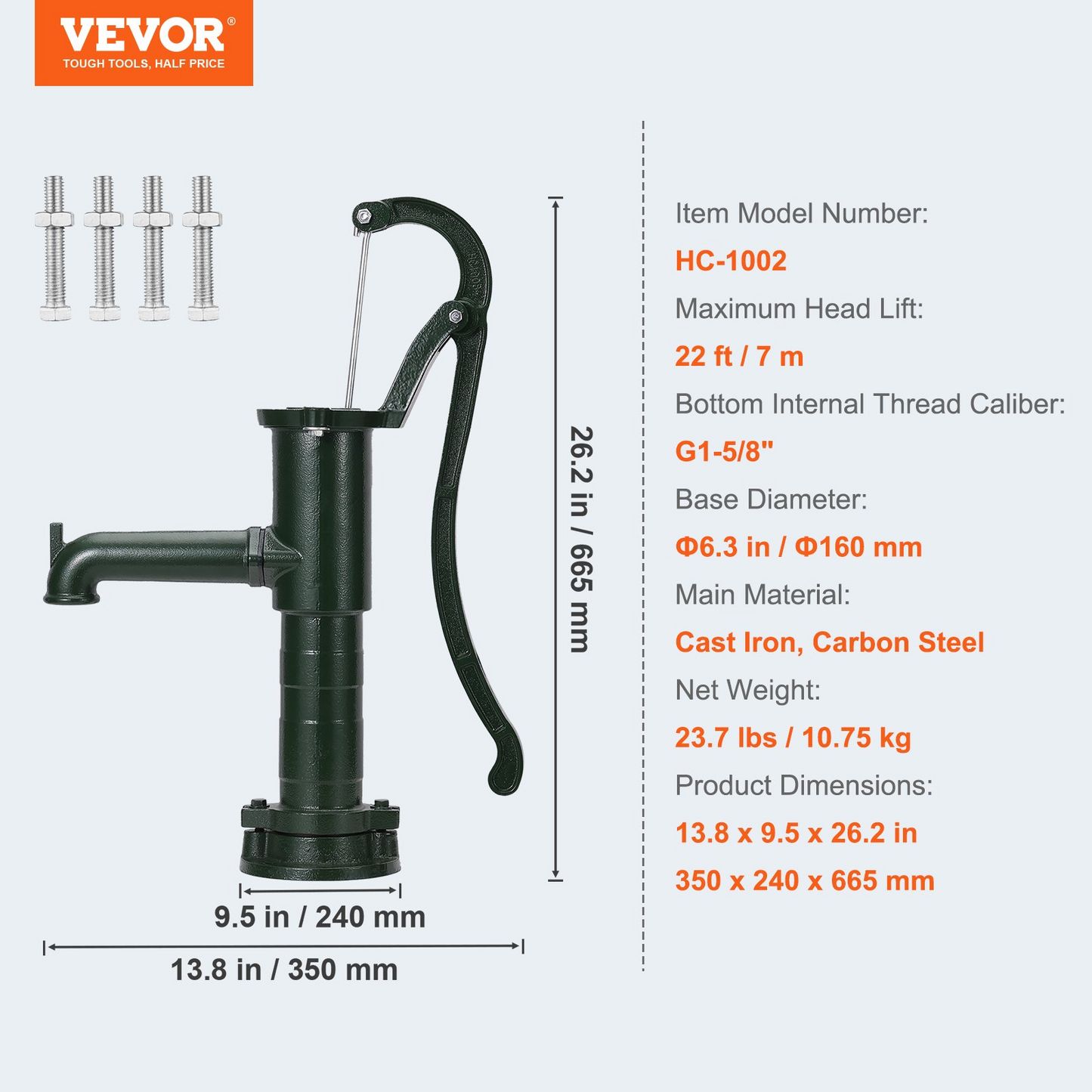 VEVOR Antique Hand Water Pump 14.6 x 5.9 x 26 inch Pitcher Pump w/Handle Cast Iron Well Pump w/ Pre-set 0.5" Holes for Easy Installation Old Fashion Pitcher Hand Pump for Home Yard Ponds Garden Green, Goodies N Stuff