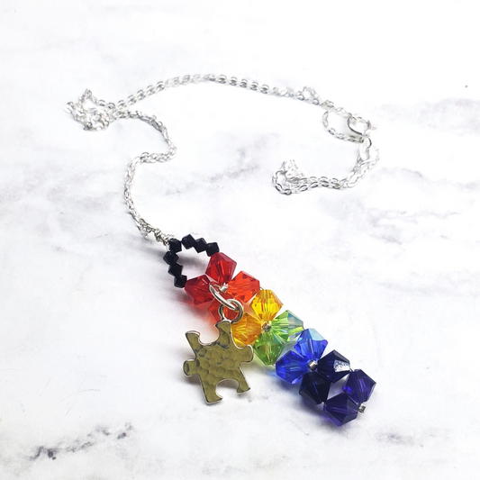 Wire Woven Rainbow Autism Puzzle Piece Bar Necklace-2024 Limited Edition, Goodies N Stuff
