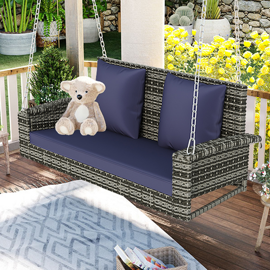 2-Person Wicker Hanging Porch Swing with Chains, Cushion, Pillow, Rattan Swing Bench for Garden, Backyard, Pond. (Gray Wicker, Blue Cushion), Goodies N Stuff