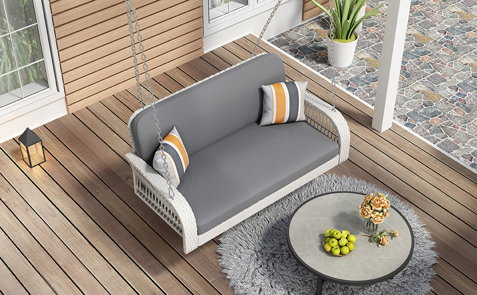 PE Wicker Porch Swing, 2-Seater Hanging Bench With Chains, Patio Furniture Swing For Backyard Garden Poolside, White And Gray, Goodies N Stuff