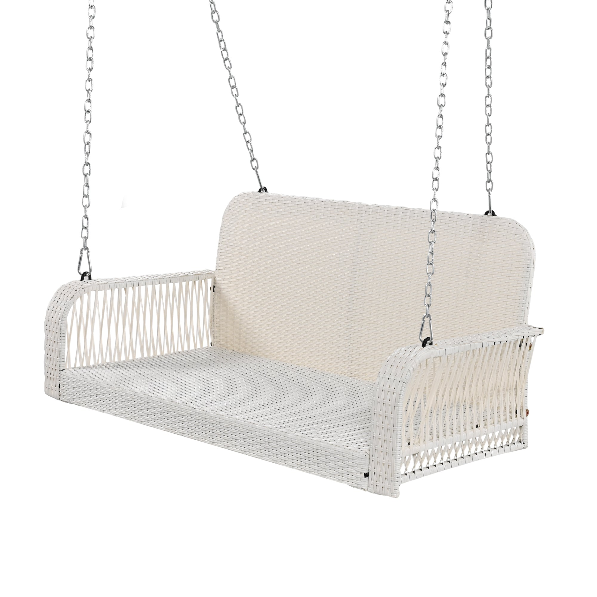 PE Wicker Porch Swing, 2-Seater Hanging Bench With Chains, Patio Furniture Swing For Backyard Garden Poolside, White And Gray, Goodies N Stuff