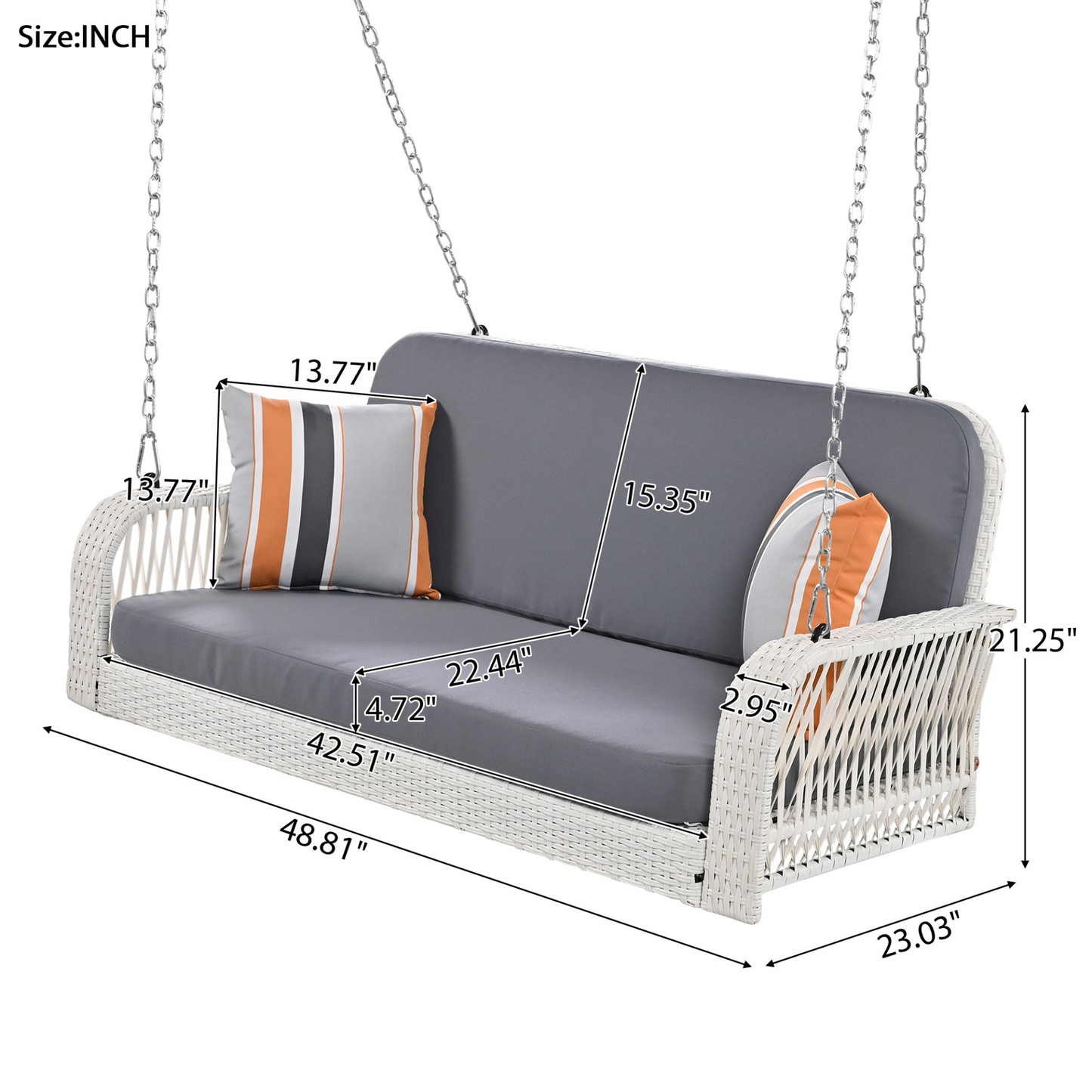 PE Wicker Porch Swing, 2-Seater Hanging Bench With Chains, Patio Furniture Swing For Backyard Garden Poolside, White And Gray, Goodies N Stuff