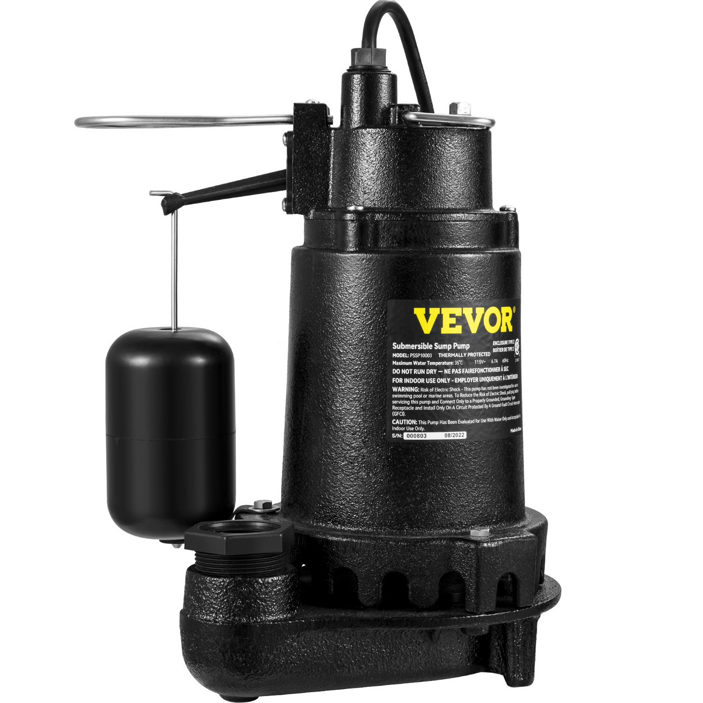 VEVOR 1HP Sewage Pump, 5600 GPH Cast Iron Submersible Sump Pump with Automatic Snap-action Float Switch, Heavy-Duty Submersible Sewage, Effluent Pump for Septic Tank, Basement, Flooding Area, Goodies N Stuff