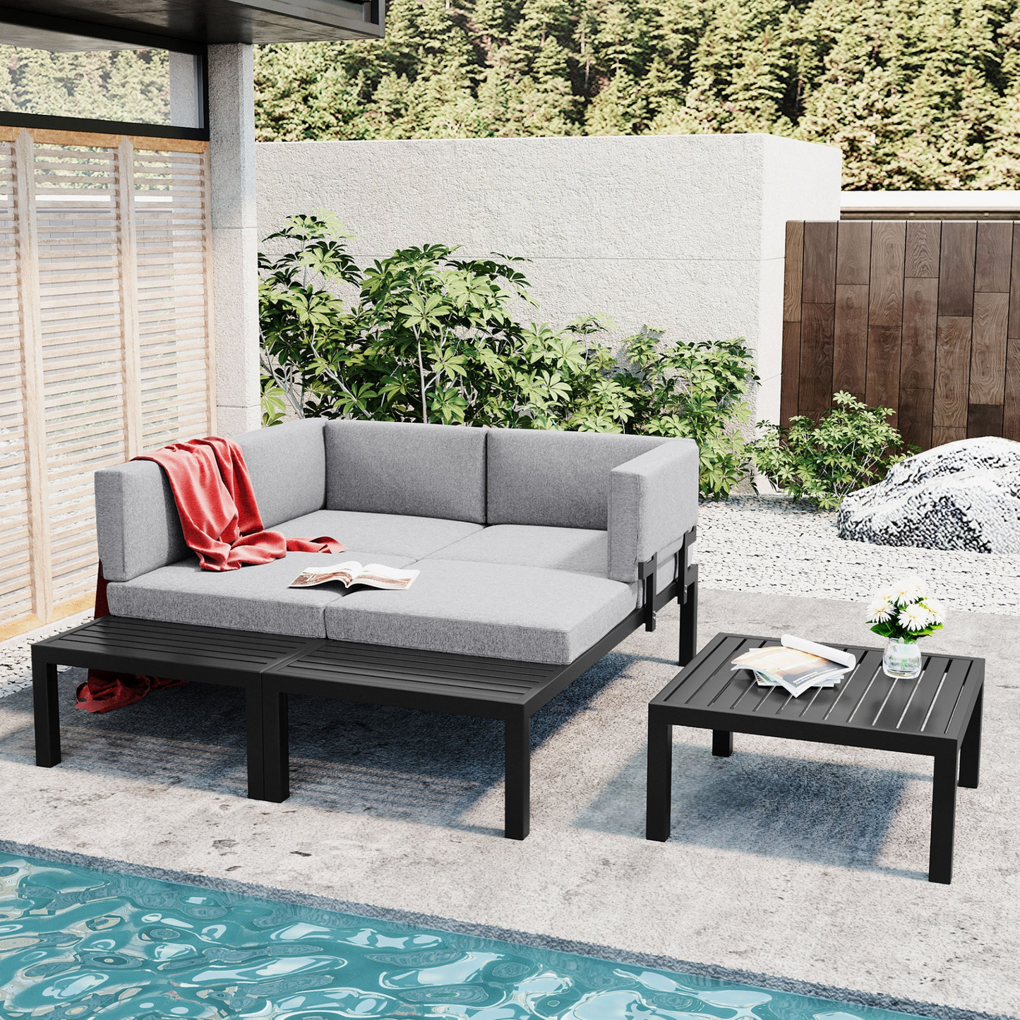 Outdoor 3-piece Aluminum Alloy Sectional Sofa Set with End Table and Coffee Table,Black Frame+Gray Cushion, Goodies N Stuff