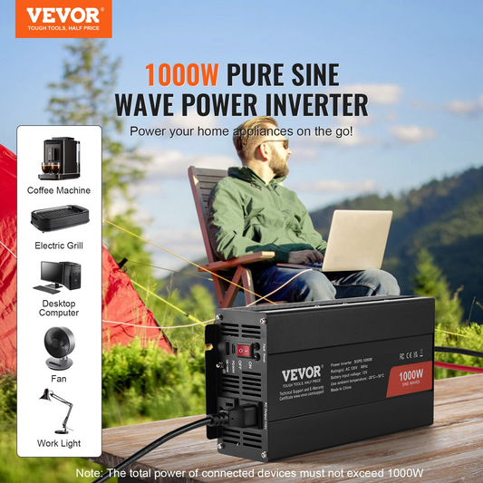 VEVOR Pure Sine Wave Inverter, 1000 Watt, DC 12V to AC 120V Power Inverter with 2 AC Outlets 2 USB Port 1 Type-C Port, Remote Control for Small Home Devices like Smartphone Laptop, CE FCC Certified, Goodies N Stuff