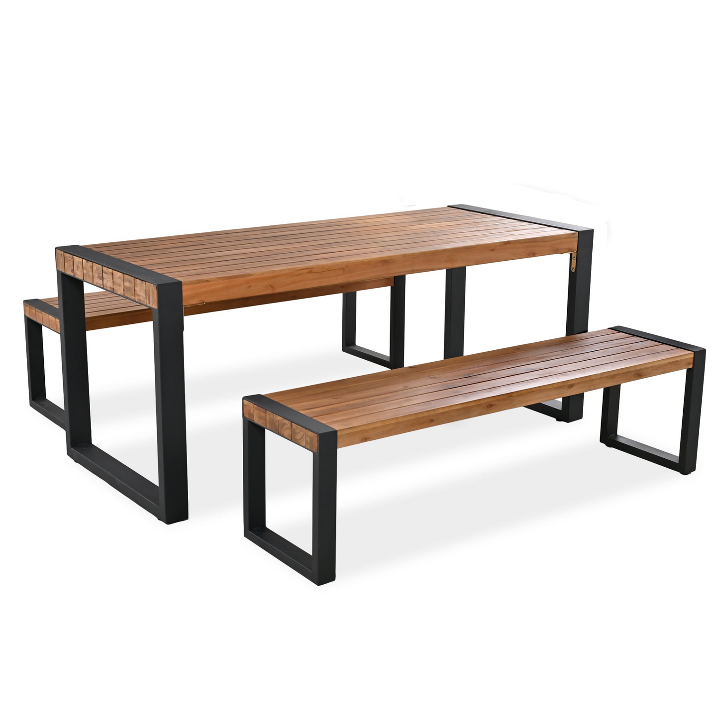 3-pieces Outdoor Dining Table With 2 Benches, Patio Dining Set With Unique Top Texture, Acacia Wood Top & Steel Frame, All Weather Use, For Outdoor & Indoor, Natural