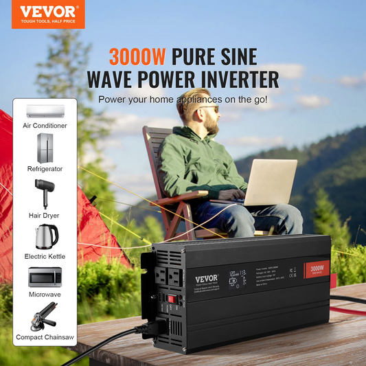 VEVOR Pure Sine Wave Inverter, 3000 Watt, DC 12V to AC 120V Power Inverter with 2 AC Outlets 2 USB Port 1 Type-C Port, LCD Display and Remote Controller for Large Home Appliances, CE FCC Certified, Goodies N Stuff