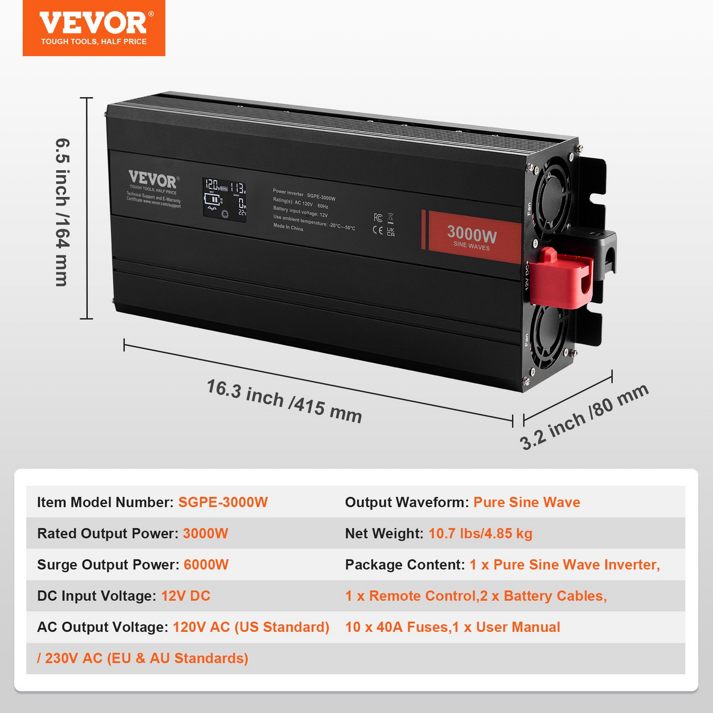 VEVOR Pure Sine Wave Inverter, 3000 Watt, DC 12V to AC 120V Power Inverter with 2 AC Outlets 2 USB Port 1 Type-C Port, LCD Display and Remote Controller for Large Home Appliances, CE FCC Certified, Goodies N Stuff