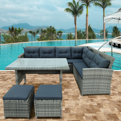 6-Piece Patio Furniture Set Outdoor Sectional Sofa with Glass Table, Ottomans for Pool, Backyard, Lawn (Gray), Goodies N Stuff