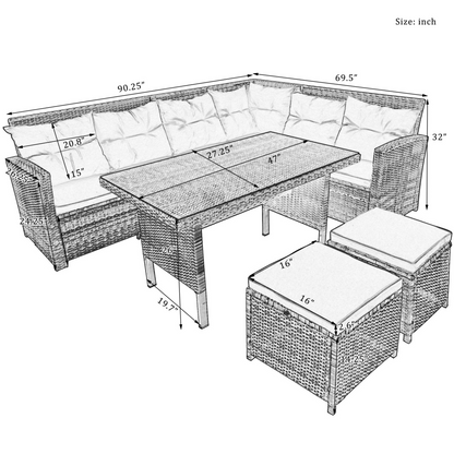 6-Piece Patio Furniture Set Outdoor Sectional Sofa with Glass Table, Ottomans for Pool, Backyard, Lawn (Gray), Goodies N Stuff