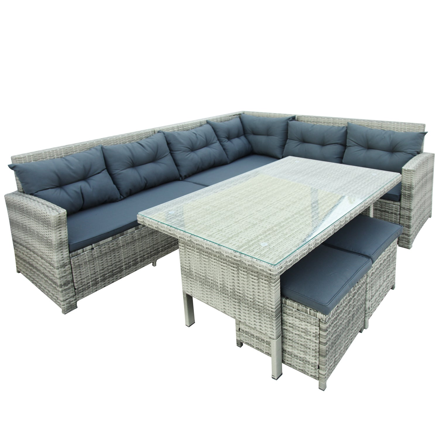 6-Piece Patio Furniture Set Outdoor Sectional Sofa with Glass Table, Ottomans for Pool, Backyard, Lawn (Gray), Goodies N Stuff