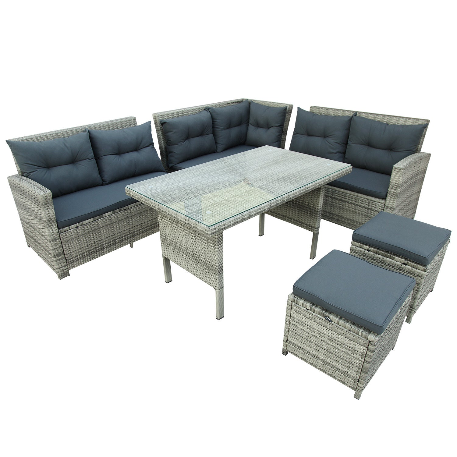 6-Piece Patio Furniture Set Outdoor Sectional Sofa with Glass Table, Ottomans for Pool, Backyard, Lawn (Gray), Goodies N Stuff