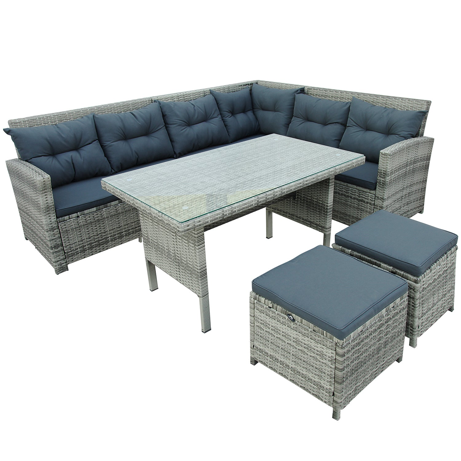 6-Piece Patio Furniture Set Outdoor Sectional Sofa with Glass Table, Ottomans for Pool, Backyard, Lawn (Gray), Goodies N Stuff