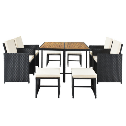 Patio All-Weather PE Wicker Dining Table Set with Wood Tabletop for 8, Black Rattan+Beige Cushion (9-Piece), Goodies N Stuff