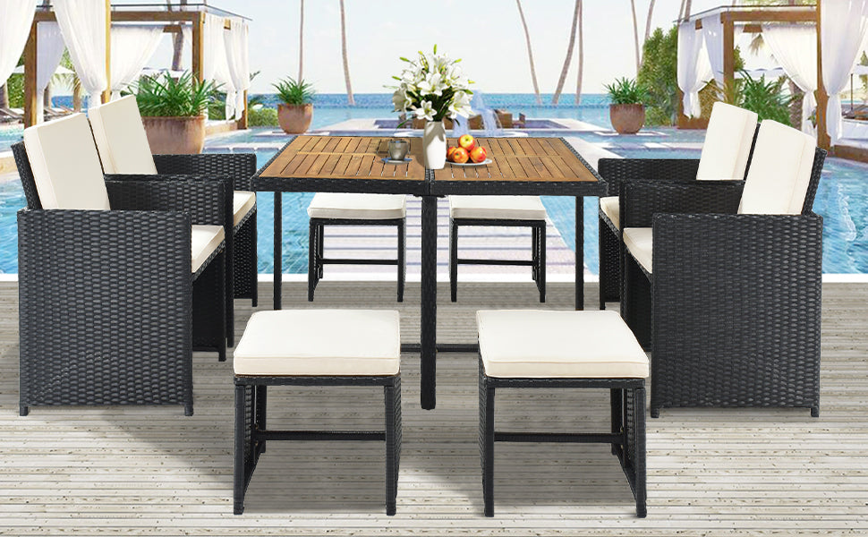 Patio All-Weather PE Wicker Dining Table Set with Wood Tabletop for 8, Black Rattan+Beige Cushion (9-Piece), Goodies N Stuff