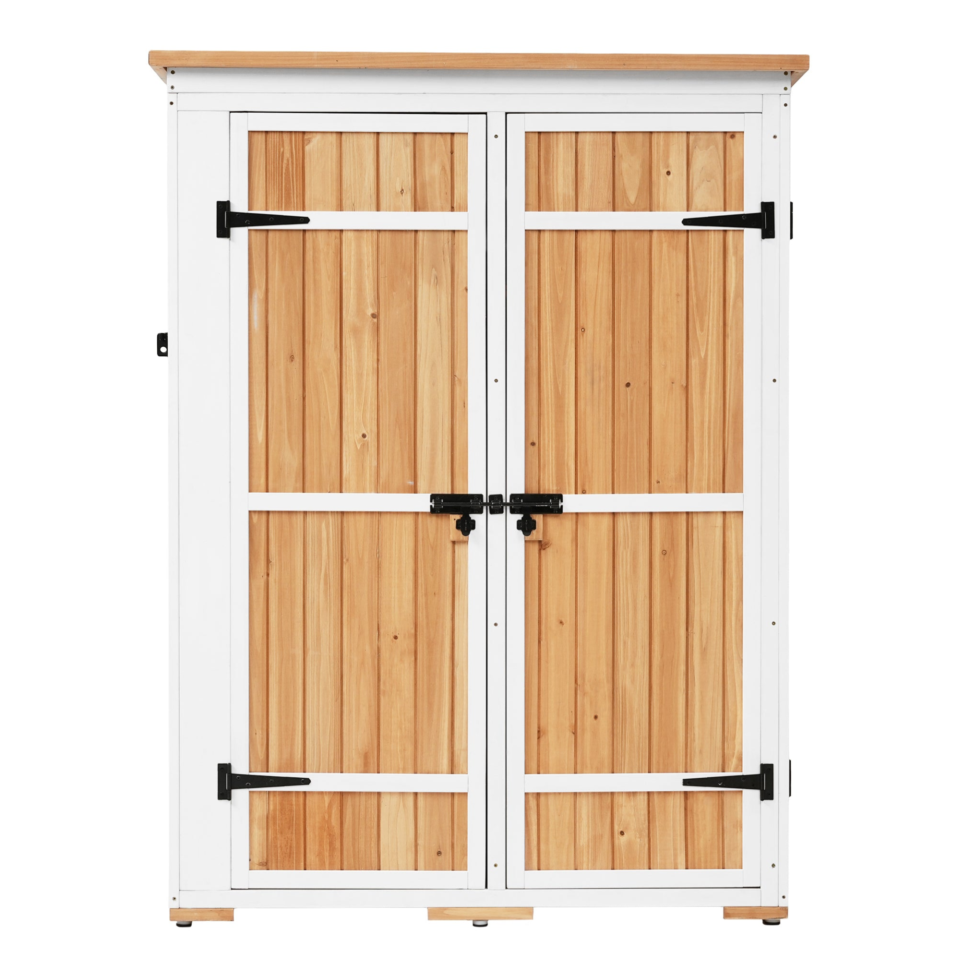 Outdoor 5.5ft Hx4.1ft L Wood Storage Shed, Garden Tool Cabinet with Waterproof Asphalt Roof, Four Lockable Doors, Multiple-tier Shelves, Natural, Goodies N Stuff