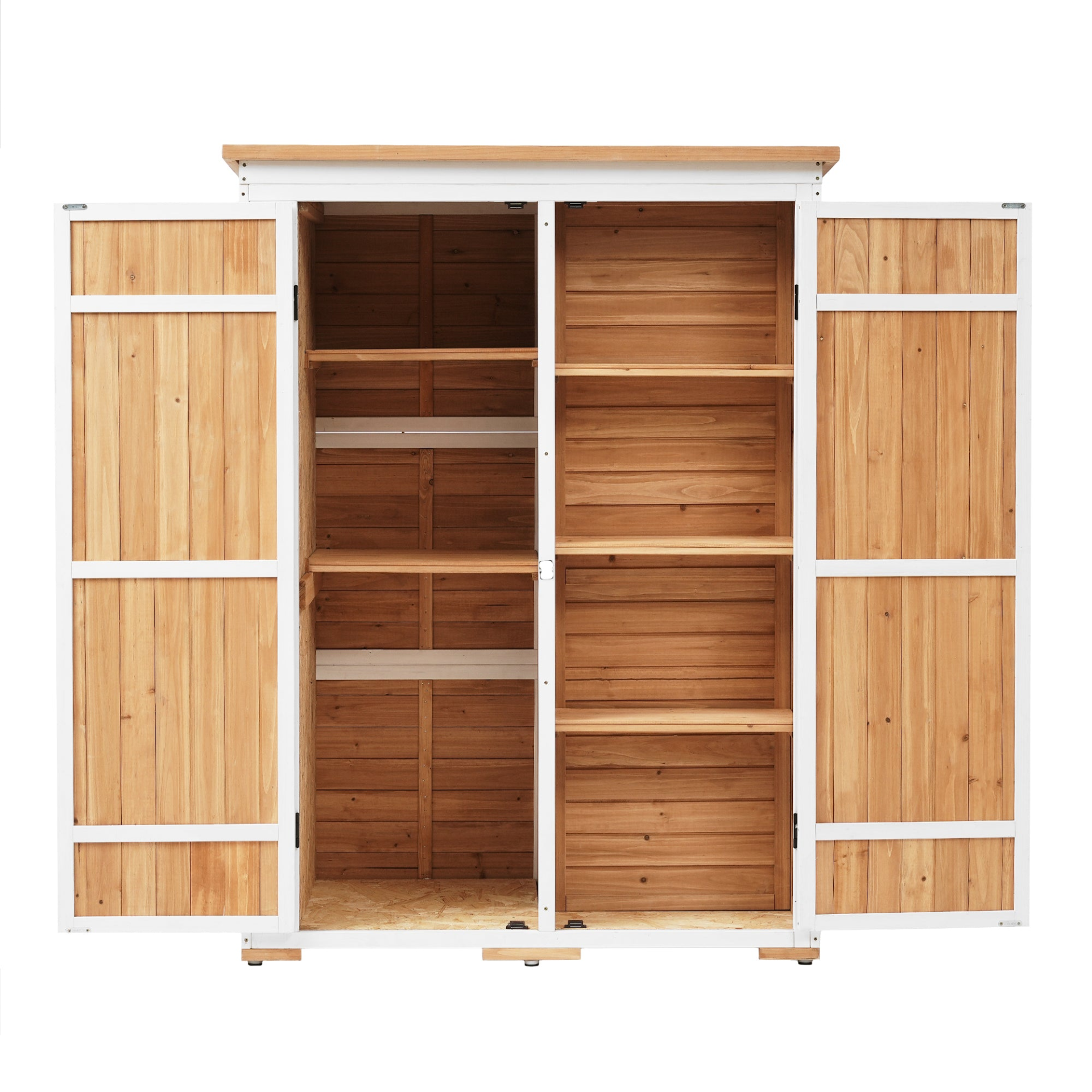 Outdoor 5.5ft Hx4.1ft L Wood Storage Shed, Garden Tool Cabinet with Waterproof Asphalt Roof, Four Lockable Doors, Multiple-tier Shelves, Natural, Goodies N Stuff