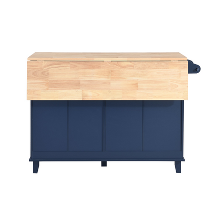 Farmhouse Kitchen Island Set with Drop Leaf and 2 Seatings,Dining Table Set with Storage Cabinet, Drawers and Towel Rack, Blue+Black+Brown