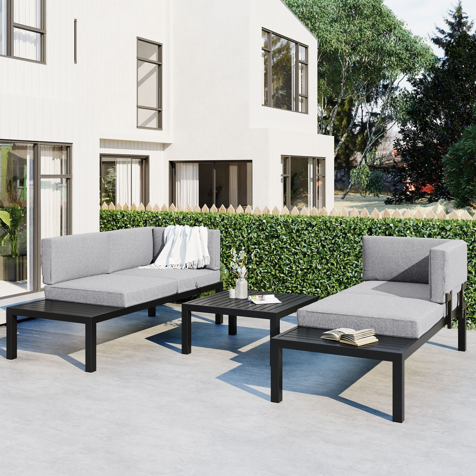 Outdoor 3-piece Aluminum Alloy Sectional Sofa Set with End Table and Coffee Table,Black Frame+Gray Cushion, Goodies N Stuff