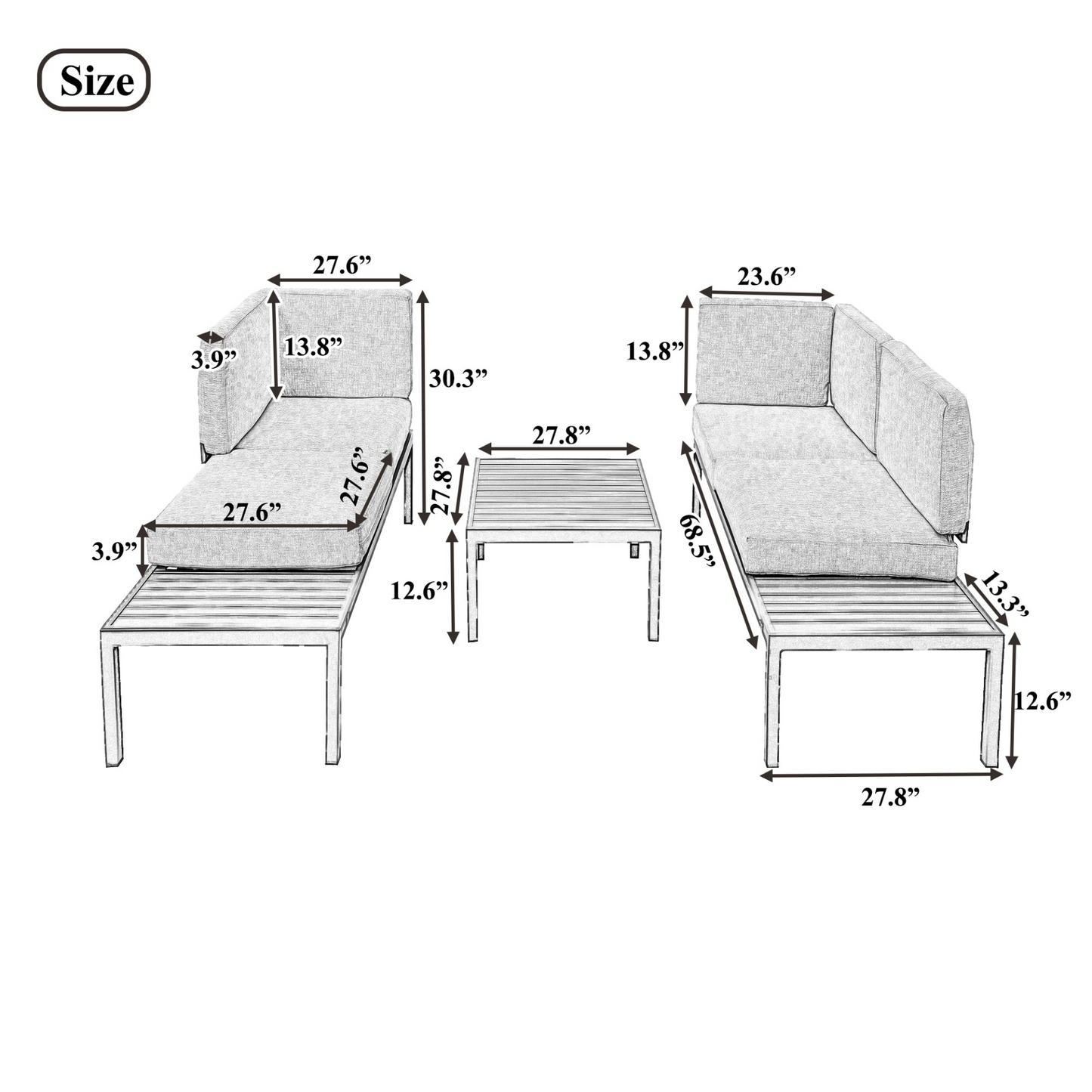 Outdoor 3-piece Aluminum Alloy Sectional Sofa Set with End Table and Coffee Table,Black Frame+Gray Cushion, Goodies N Stuff