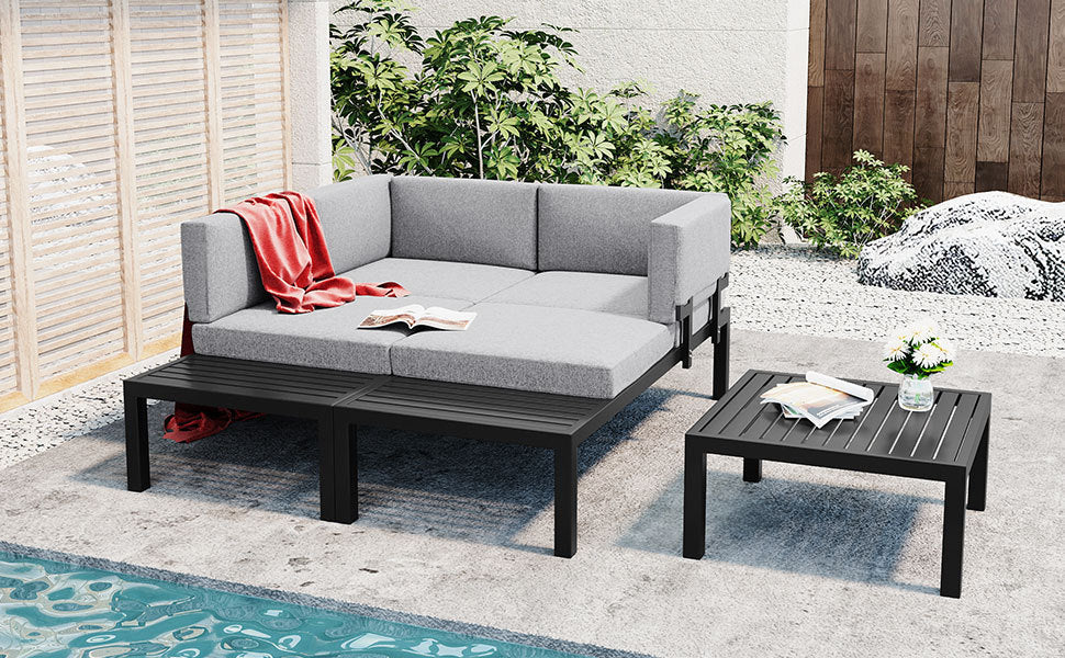 Outdoor 3-piece Aluminum Alloy Sectional Sofa Set with End Table and Coffee Table,Black Frame+Gray Cushion, Goodies N Stuff