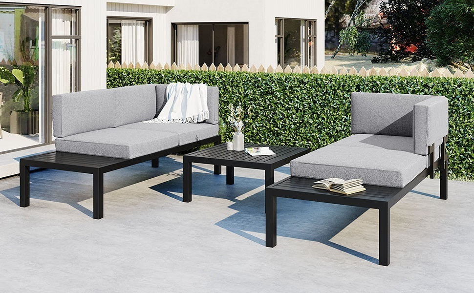 Outdoor 3-piece Aluminum Alloy Sectional Sofa Set with End Table and Coffee Table,Black Frame+Gray Cushion, Goodies N Stuff