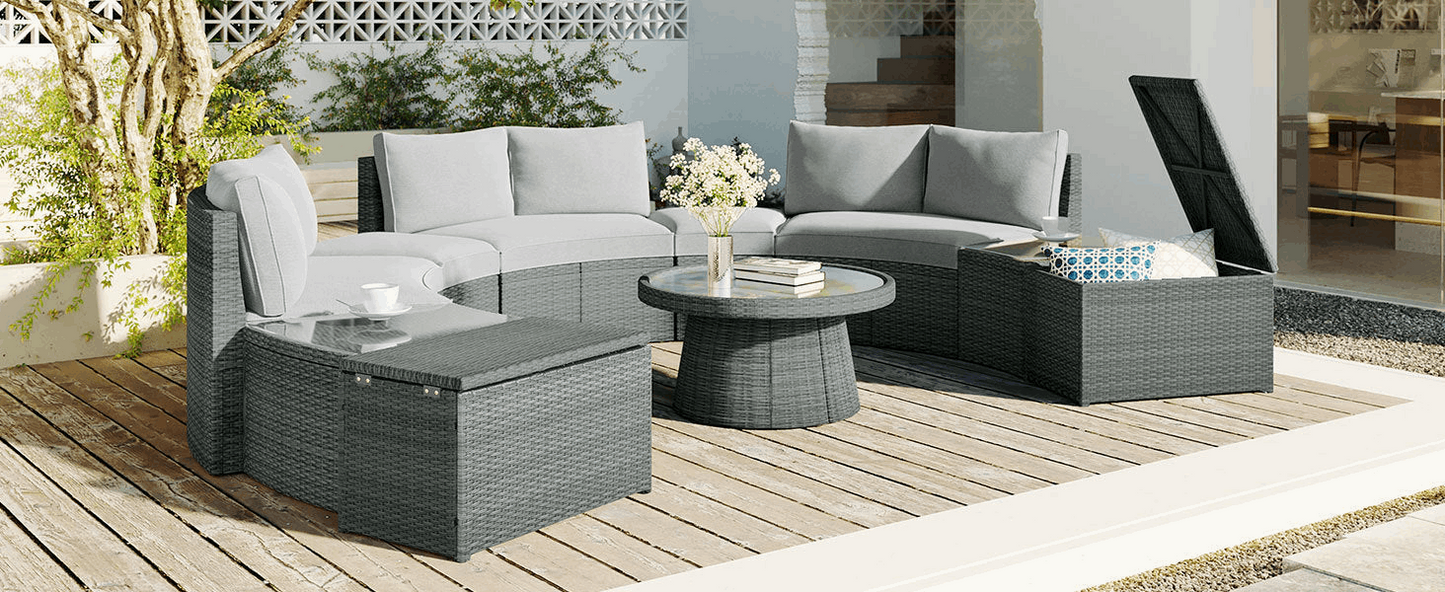 10-Piece Outdoor Sectional Half Round Patio Rattan Sofa Set, PE Wicker Conversation Furniture Set for Free Combination, Light Gray